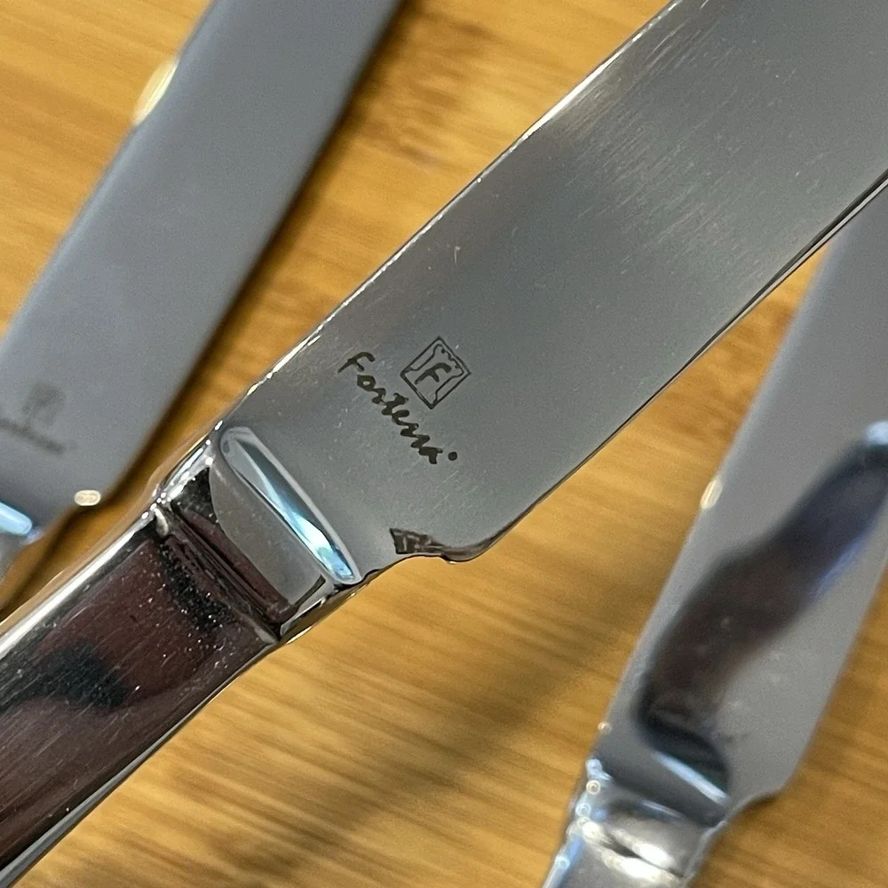 Lot Of 4 Fortessa SCALINI Table Knives Stainless Flatware Stamped Front Logo